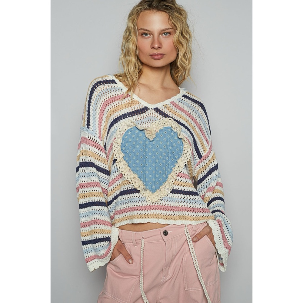 POL Striped Crochet V-Neck Sweater with Blue Heart Patch